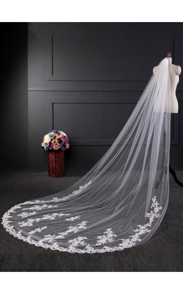 One-tier Lace Applique Edge Cathedral Bridal Veils With Lace