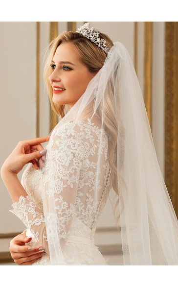 One-tier Lace Applique Edge Cathedral Bridal Veils With Lace