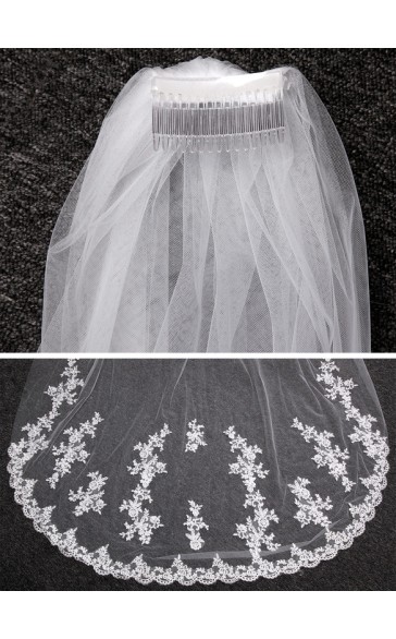 One-tier Lace Applique Edge Cathedral Bridal Veils With Lace