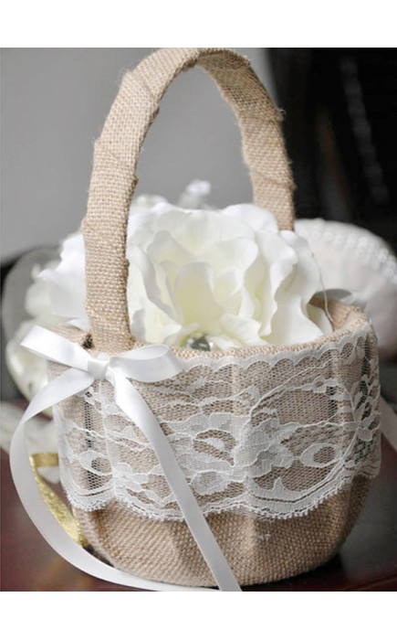Flower Girl Linen/Lace Flower Basket With Bow/Ribbon