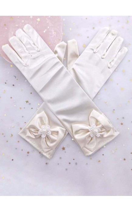 Flower Girl Elastic Satin Elbow Length Glove With Faux Pearl