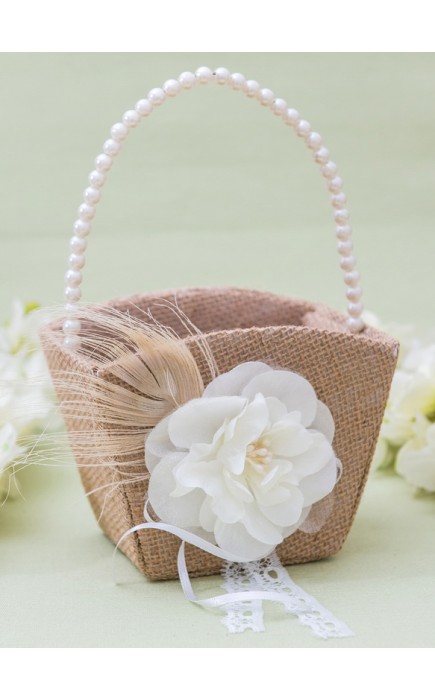 Flower Girl Linen/Plastic Flower Basket With Applique/Beading