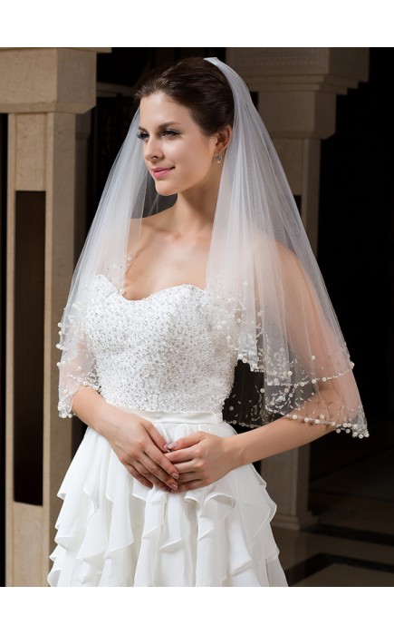 Two-tier Beaded Edge Elbow Bridal Veils With Beading/Sequin