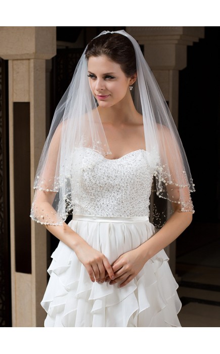 Two-tier Beaded Edge Elbow Bridal Veils With Beading/Sequin